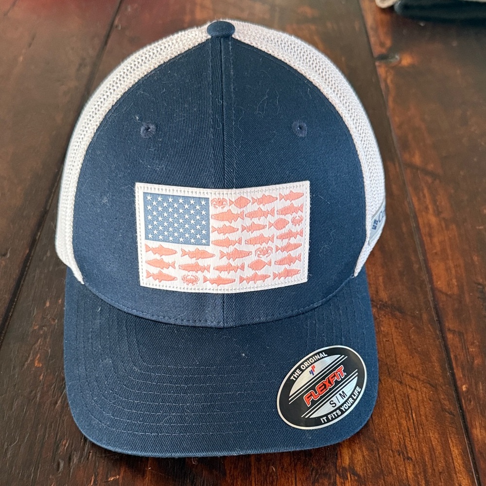 Navy and White Trucker Hat with Fish Flag Design